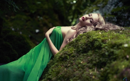 Sweet Girl in Green Dress - green, model, dress, girl, moss, blonde, forest