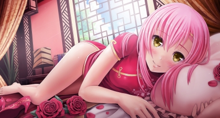 Hinagiku Katsura - bed, girl, room, long hair, rose, pretty, pink, anime, chinese, manga, indoor