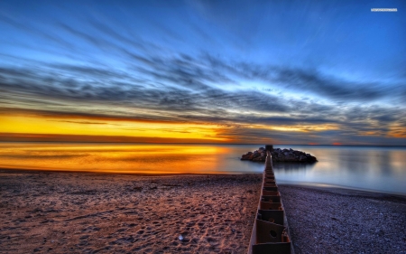 Little Rock Island at Dusk - clouds, nature, rock, island, dusk, pier