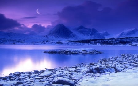 Cold Mountain Lake - moon, nature, cold, lake, night, mountain, rocks, bridge