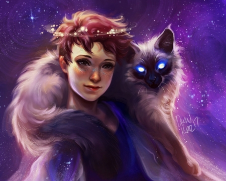 Space Queen - girl, pink, cat, fantasy, tamberella, pisica, purple, space queen, luminos