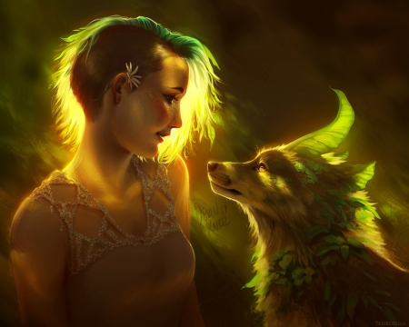 Trust - fantasy, tamberella, yellow, fox, green, girl, art, luminos