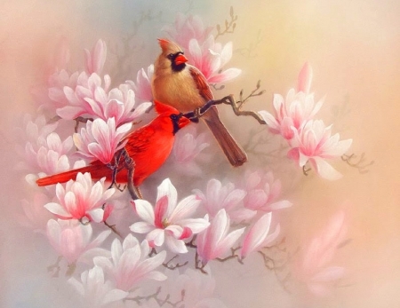 Spring Magnolias - animals, spring, cardinals, nature, love four seasons, paintings, flowers, beloved valentines, magnolias, birds