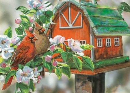 Birds of Feather - birds, summer, paintings, spring, birdhouse, flowers, nature, beloved valentines, love four seasons, animals