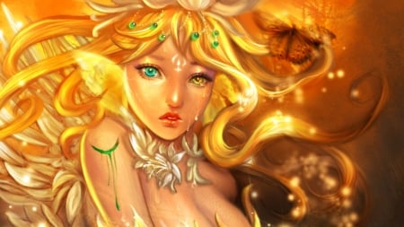 Butterfly spirit - sangrde, yellow, girl, luminos, jewel, fantasy, butterfly spirit