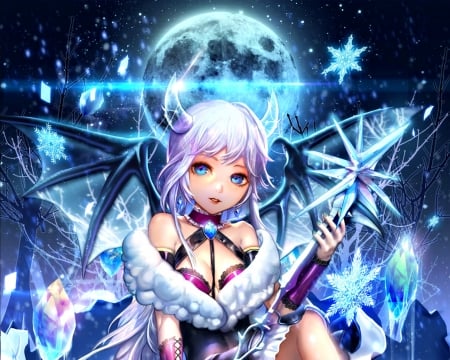 Ice Dragon - moon, sangrde, fantasy, ice dragon, blue, girl, luminos, luna