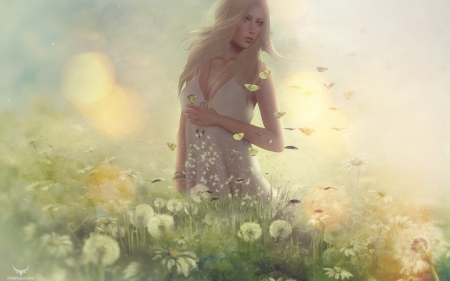 Butterflies and dandelions - woman, rendering, girl, summer, fantasy, butterfly, yellow, dandelion, green, blonde