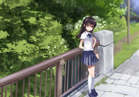 Waiting Patiently - glasses, trees, railing, long hair, waiting, anime girl, seifuku, black hair, big eyes, school uniform, anime