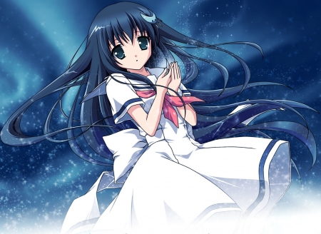 Star Wish - flowing hair, big eyes, black eyes, anime, stars, anime girl, flowing dress, school uniform, long hair, seifuku, blue hair