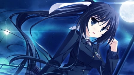 Kyouka Izumi - night sky, anime girl, seifuku, big eyes, kyouka izumi, full moon, anime, stars, yotsuiro passionato, kyouka, blue eyes, long hair, izumi, school uniform, blue hair, streetlight, smile