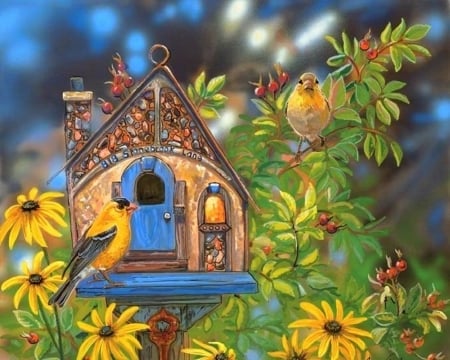 Stonebrook Lane - birds, summer, paintings, spring, birdhouse, flowers, nature, beloved valentines, love four seasons, animals