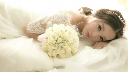 Lovely Bride - flowers, bride, woman, model