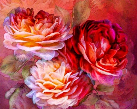 Three roses - trandafir, painting, three roses, art, luminos, pink, red, carol cavalaris, pictura