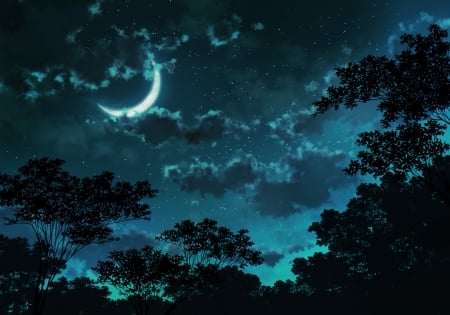 New moon - cloud, black, silhouette, anime, luna, blue, manga, white, sky, tagme, moon