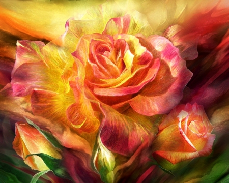 Birth of a rose - yellow, carol cavalaris, trandafir, bud, birth, pink, pictura, red, painting, rose, art, luminos