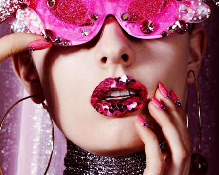 Pink - woman, glasses, girl, model, glitter, face, pink, hand, lipstick, nails