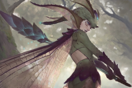 Dragonfly - fantasy, digitalsashimi, green, wings, girl, art, luminos, dragonfly