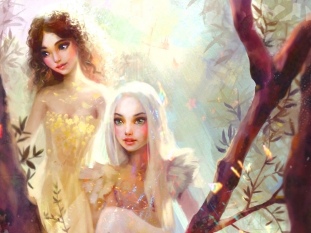 Into the forest - fantasy, luminos, girl, couple, skadivore, art