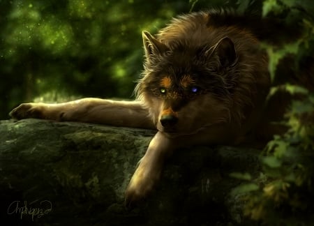 Tezcacotl - tezcacotl, amphispiza, lup, fantasy, wolf, green, forest, luminos