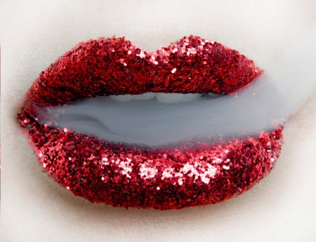 Glittering red - stuff, lips, woman, red, glitter, smoke, fum, lipstick