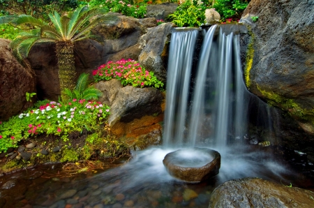 Beautiful spring garden - pretty, cascades, beautiful, stream, stones, brook, palm, flowers, waterfall, garden, plants, park