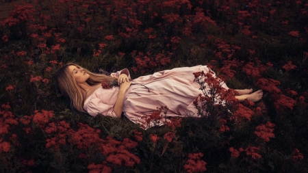 Sleeping Beauty - flowers, lying, woman, model