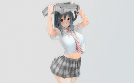 Soaked Girl - blushing, wet, anime girl, seifuku, black hair, big eyes, school uniform, soaked, anime, cute, school bag