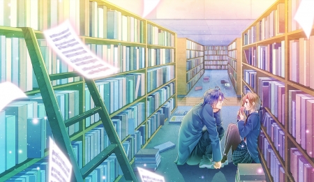 Can't Take My Eyes Off You - library, ladder, sheet music, anime friends, meiko, anime girl, kaito, seifuku, big eyes, school uniform, blue hair, anime guy, vocaloid, anime, friends, brunette