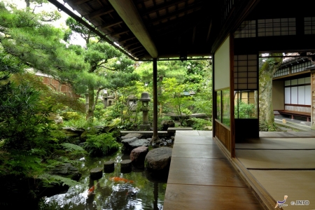 Japanese Garden - house, room, tatami, oriental, japan, green, zen, garden, lake, japanese