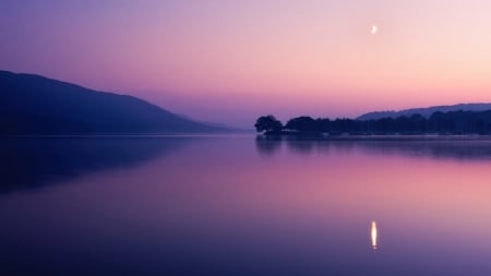 Dawn - moon, lake, sky, hills, water, calm, still, reflection, pink, dawn, twilight, sea, firefox persona theme