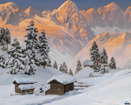 Hut in a Snow Valley - trees, drawing, winter, nature, snow, mountains, hut, valley