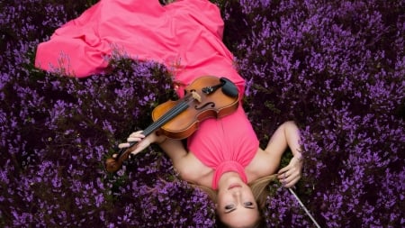 Lovely Girl - woman, violin, flowers, model