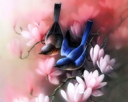 Spring Couple - couple, animals, spring, nature, love four seasons, paintings, flowers, beloved valentines, magnolias, birds