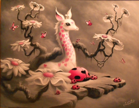 White giraffe - ladybug, anima, flower, christopherpollari, pink, fantasy, painting, butterfly, insect, art, luminos