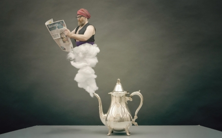 Modern Genie - fantasy, genie, funny, lamp, paper, news, man, creative