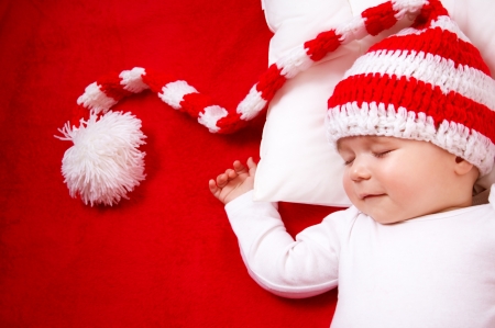 Christmas baby - craciun, hat, winter, copil, child, christmas, white, sleep, baby, red, stripes, cute