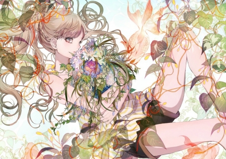 Girl with flowers - summer, flower, bouquet, anime, girl, tsukioka tsukiho, manga