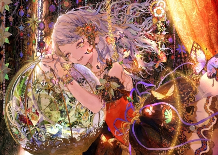 Butterflies - glass, anime, girl, tsukioka tsukiho, manga, butterfly, bubble, orange, luminos