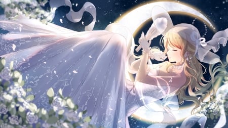 White Feather - wedding, maiden, blonde, adorable, blond, flowers, anime, amour, bride, petals, lovely, female, gown, blond hair, cute, beautiful, blossom, girl, anime girl, white, elegant, gorgeous, blonde hair, feather, pretty, kawaii, beauty, sweet, hd, dress, long hair, divine, nice