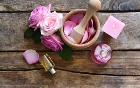 Pastel Pink - pink roses, the spa, rose, wood, oil, softness, pink, petals, pastel