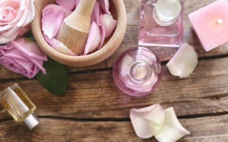 Petals - the spa, pink roses, wood, rose, oil, petals, pink