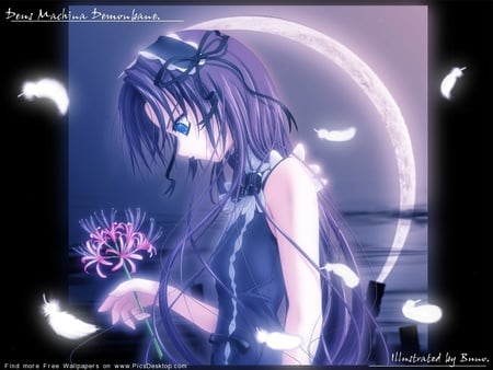 moonlight - girl, anime, flower, wallpaper