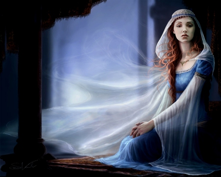 Lady in blue - red hair, arabian, blue, longing, harem