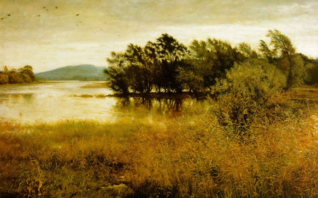 CHILL DAY - river, trees, nature, painting, landscape, grass