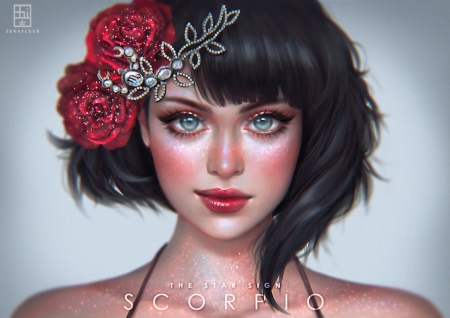 Zodiac Scorpio - scorpio, serafleur, girl, flower, pink, fantasy, rose, face, zodiac, art, luminos