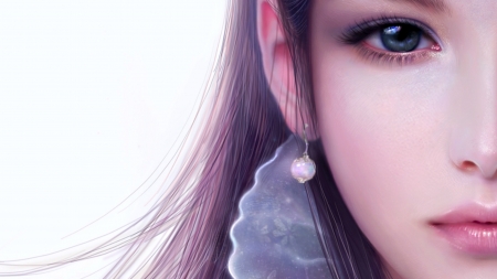 I see you - ruoxin zhang, detail, earring, girl, eye, jewel, frumusete, fantasy, white, purple, princess, luminos