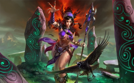 Morrigan - girl, scebiqu, fantasy, bird, pasare, witch, sorceress, game, red, green, smite, morrigan