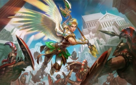 Nike - game, blue, girl, angel, nike, scebiqu, smite, fantasy, white, goddess, green, wings, luminos