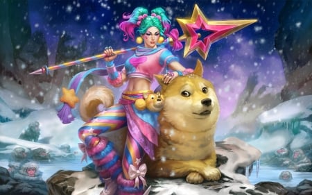 Fantasy girl - winter, pink, game, scebiqu, yellow, girl, skadi, blue, fantasy, dog