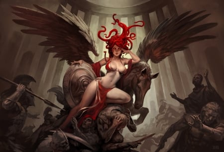 The Red Gorgon - game, fantasy, the red gorgon, wings, girl, pegasus, horse, scebiqu